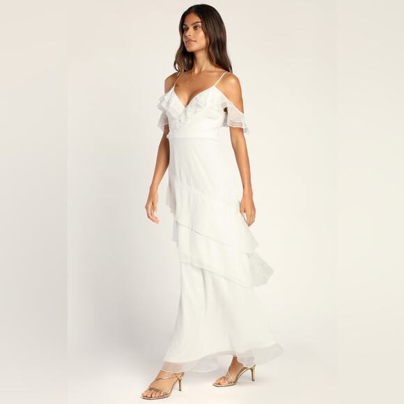 NWT Lulus Radiant in Ruffles White Ruffled Lace Cold Shoulder Maxi Dress XS - Picture 2 of 16